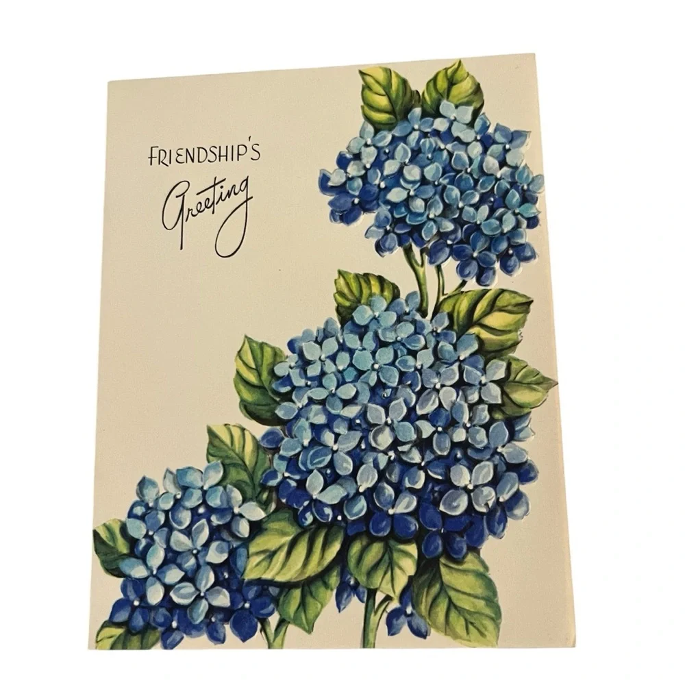 Unused Vintage Greeting Card Friendships Greeting Blue Hydrangea